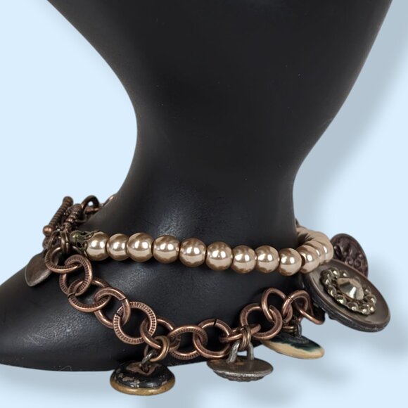 V. 2-Strand Faux Pearl & Dangling Button Charm Bracelet - Picture 3 of 5